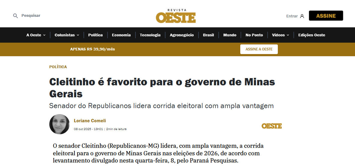 Revista Oeste cita pesquisa realizada pela Paraná Pesquisas no Estado de Minas Gerais. 2 Revista Oeste cita pesquisa realizada pela Paraná Pesquisas no Estado de Minas Gerais.