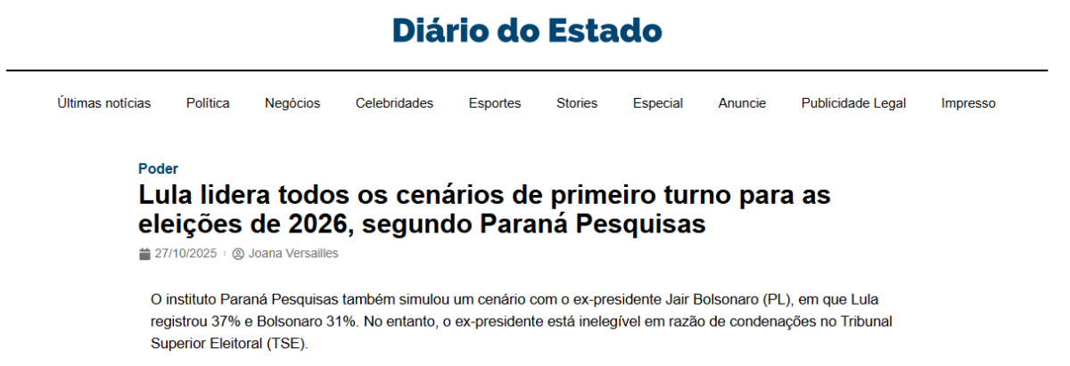 Diário do Estado cita pesquisa realizada pela Paraná Pesquisas.