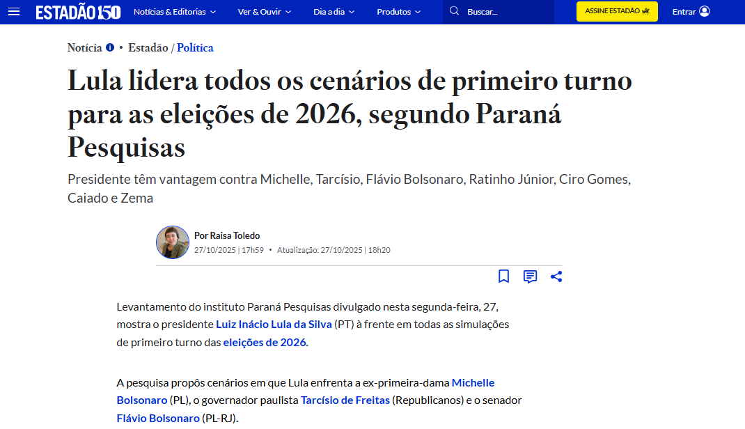 Estadão cita pesquisa realizada pela Paraná Pesquisas.