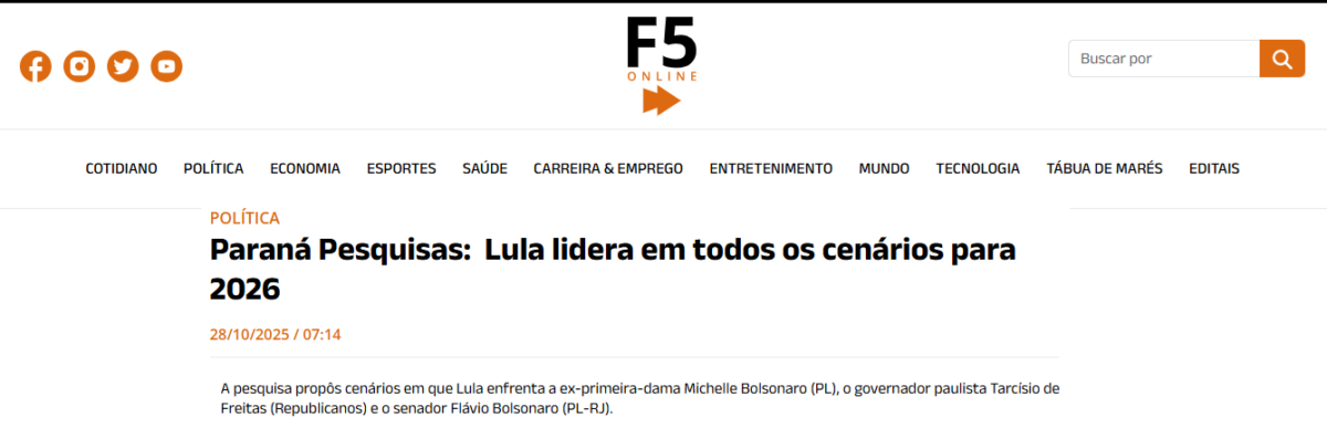 F5 Online cita pesquisa realizada pela Paraná Pesquisas. 2 F5 Online cita pesquisa realizada pela Paraná Pesquisas.
