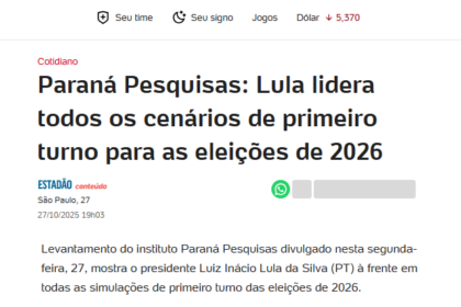 UOL Notícias cita pesquisa realizada pela Paraná Pesquisas.