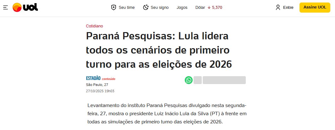 UOL Notícias cita pesquisa realizada pela Paraná Pesquisas. 2 UOL Notícias cita pesquisa realizada pela Paraná Pesquisas.