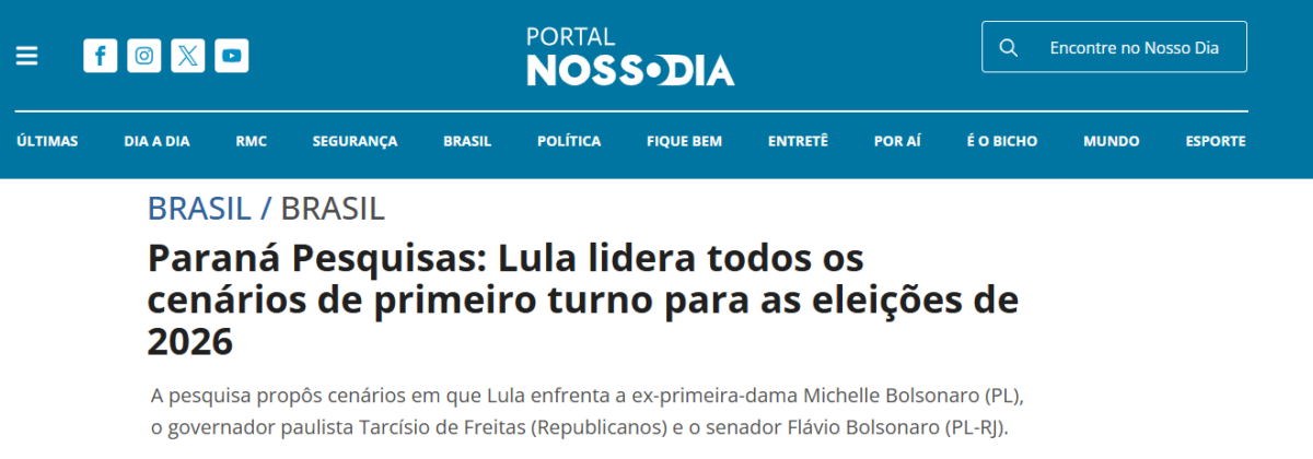 Portal Nosso Dia cita pesquisa realizada pela Paraná Pesquisas. 2 Portal Nosso Dia cita pesquisa realizada pela Paraná Pesquisas.