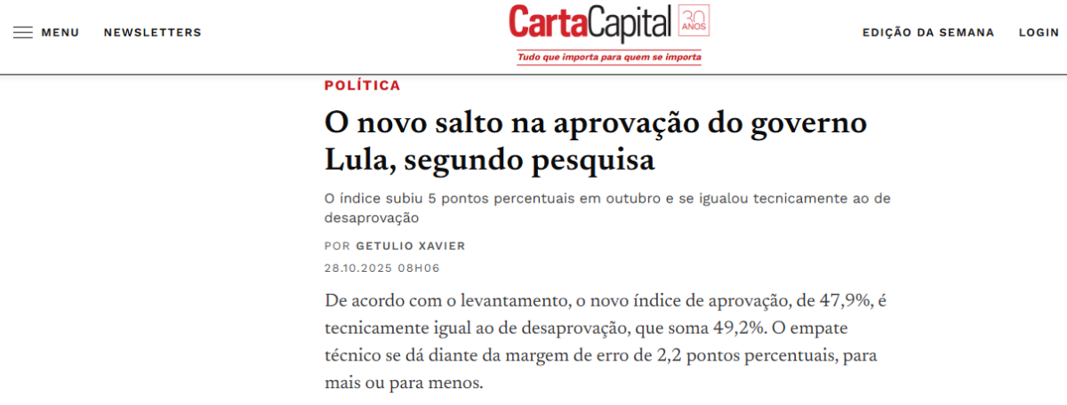 Carta Capital cita pesquisa realizada pela Paraná Pesquisas.