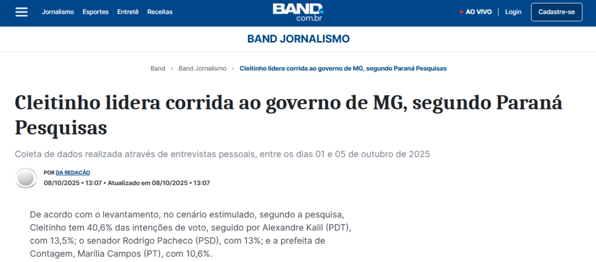 Band cita pesquisa realizada pela Paraná Pesquisas no Estado de Minas Gerais.