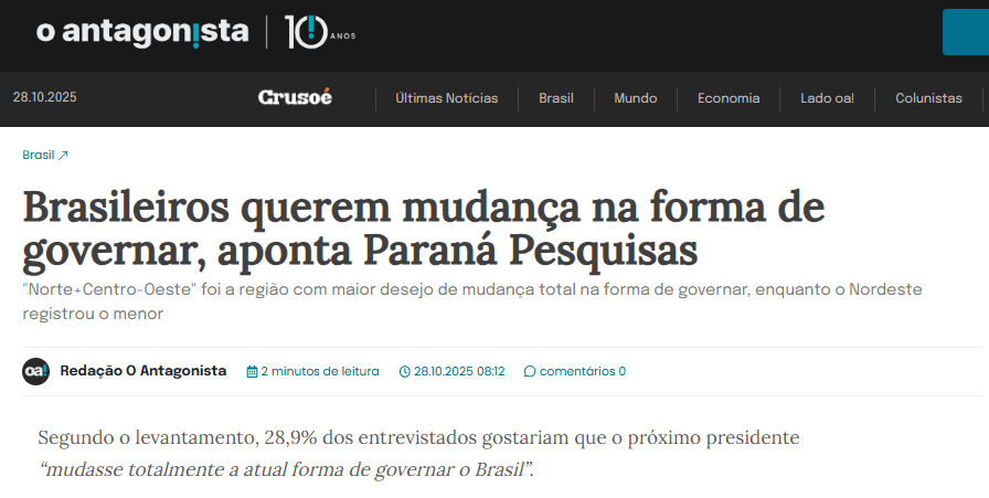 O Antagonista cita pesquisa realizada pela Paraná Pesquisas.