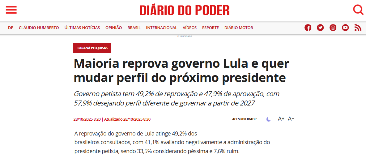 Diário do Poder cita pesquisa realizada pela Paraná Pesquisas.