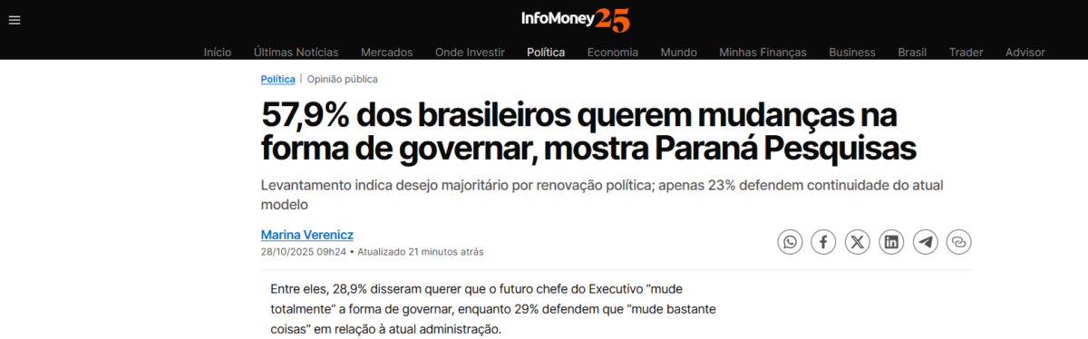 InfoMoney cita pesquisa realizada pela Paraná Pesquisas.