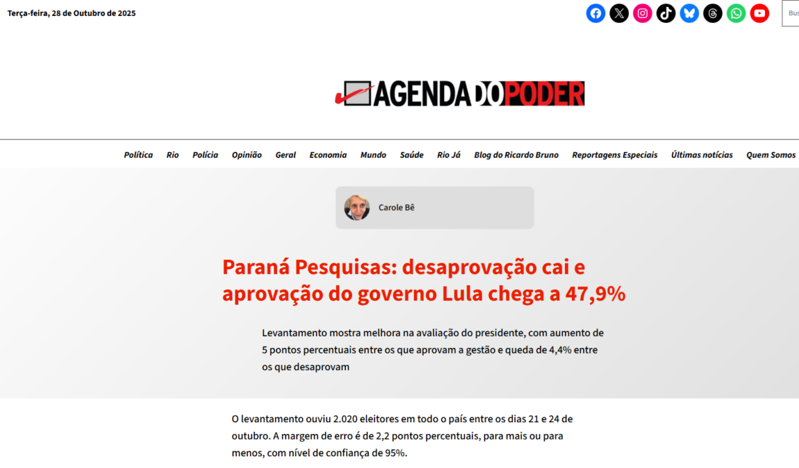 Agenda do Poder cita pesquisa realizada pela Paraná Pesquisas. 2 Agenda do Poder cita pesquisa realizada pela Paraná Pesquisas.