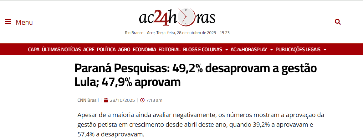 AC 24 Horas cita pesquisa realizada pela Paraná Pesquisas. 2 AC 24 Horas cita pesquisa realizada pela Paraná Pesquisas.
