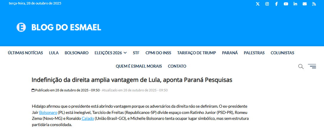 Blog do Esmael cita pesquisa realizada pela Paraná Pesquisas. 2 Blog do Esmael cita pesquisa realizada pela Paraná Pesquisas.