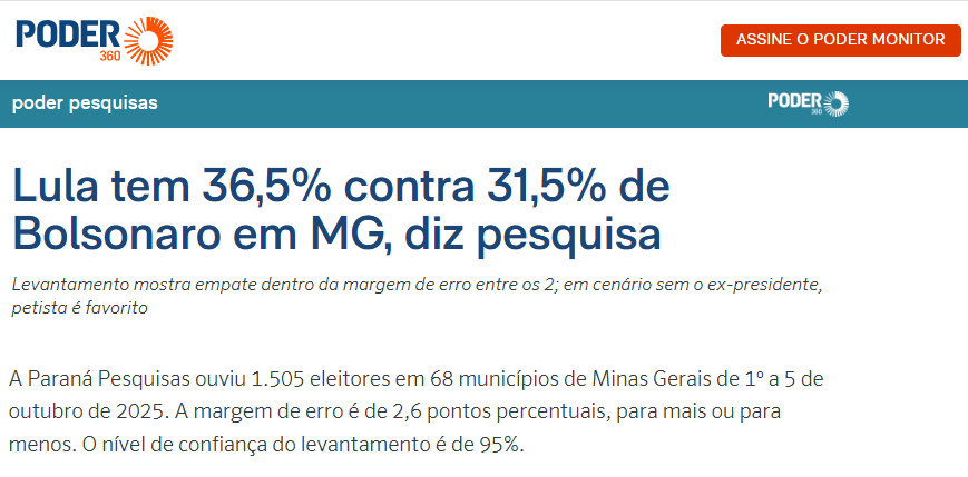 Poder 360 cita pesquisa realizada pela Paraná Pesquisas no Estado de Minas Gerais.