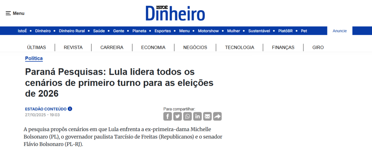 Isto É Dinheiro cita pesquisa realizada pela Paraná Pesquisas. 2 Isto É Dinheiro cita pesquisa realizada pela Paraná Pesquisas.
