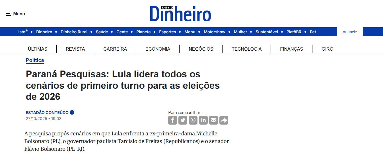Isto É Dinheiro cita pesquisa realizada pela Paraná Pesquisas. 1 Isto É Dinheiro cita pesquisa realizada pela Paraná Pesquisas.
