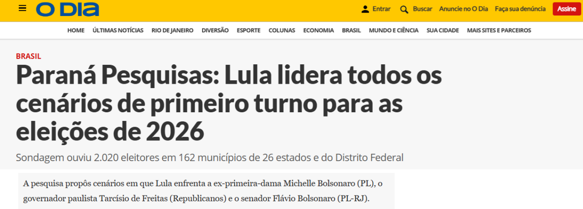 O Dia cita pesquisa realizada pela Paraná Pesquisas. 2 O Dia cita pesquisa realizada pela Paraná Pesquisas.