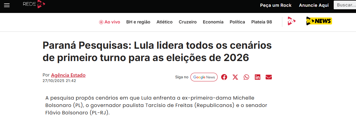 Rede 98 cita pesquisa realizada pela Paraná Pesquisas.