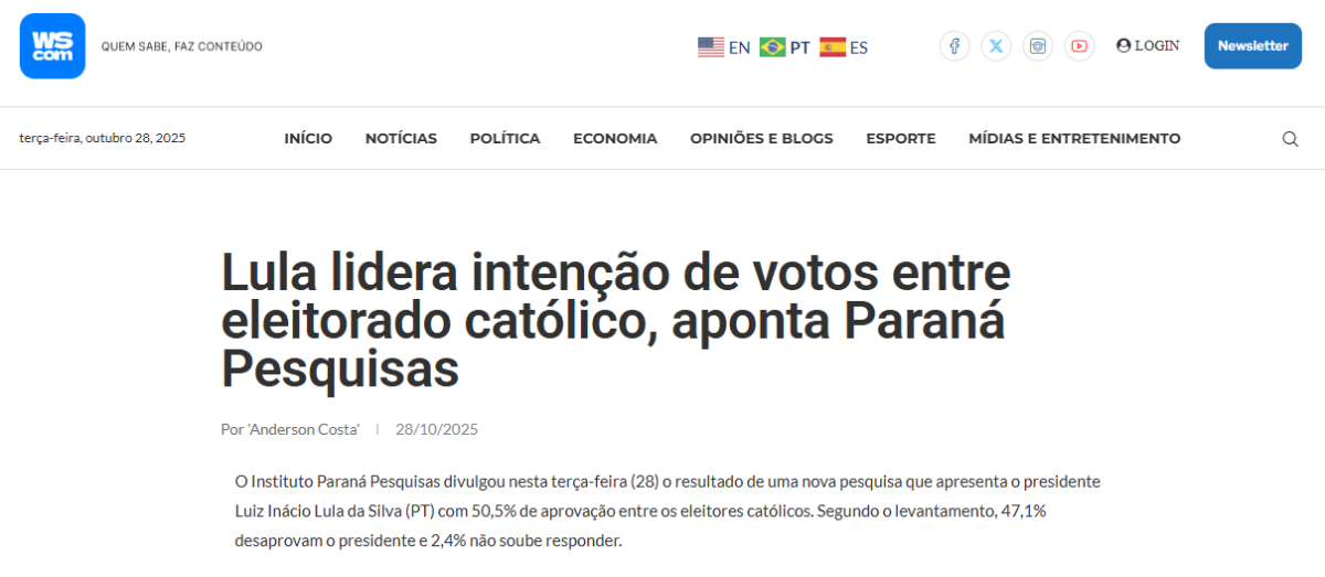 WSCom cita pesquisa realizada pela Paraná Pesquisas.