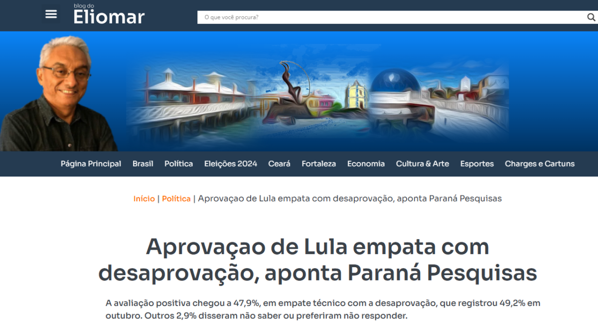 Blog do Eliomar cita pesquisa realizada pela Paraná Pesquisas.