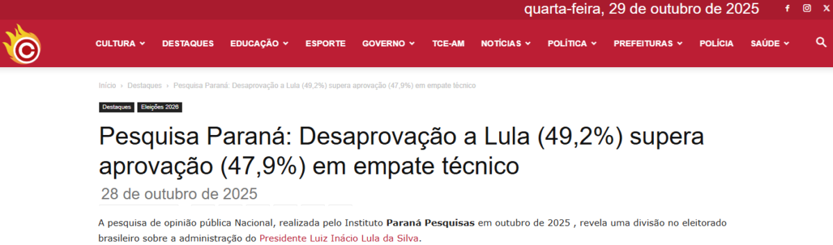 Chumbo Grosso Manaus cita pesquisa realizada pela Paraná Pesquisas.
