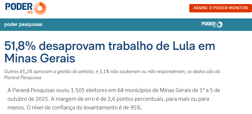Poder 360 cita pesquisa realizada pela Paraná Pesquisas no Estado de Minas Gerais. 2 Poder 360 cita pesquisa realizada pela Paraná Pesquisas no Estado de Minas Gerais.