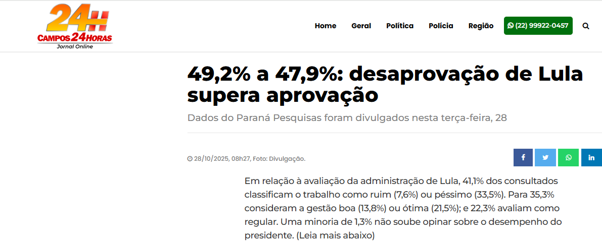 Campo 24 Horas cita pesquisa realizada pela Paraná Pesquisas. 2 Campo 24 Horas cita pesquisa realizada pela Paraná Pesquisas.