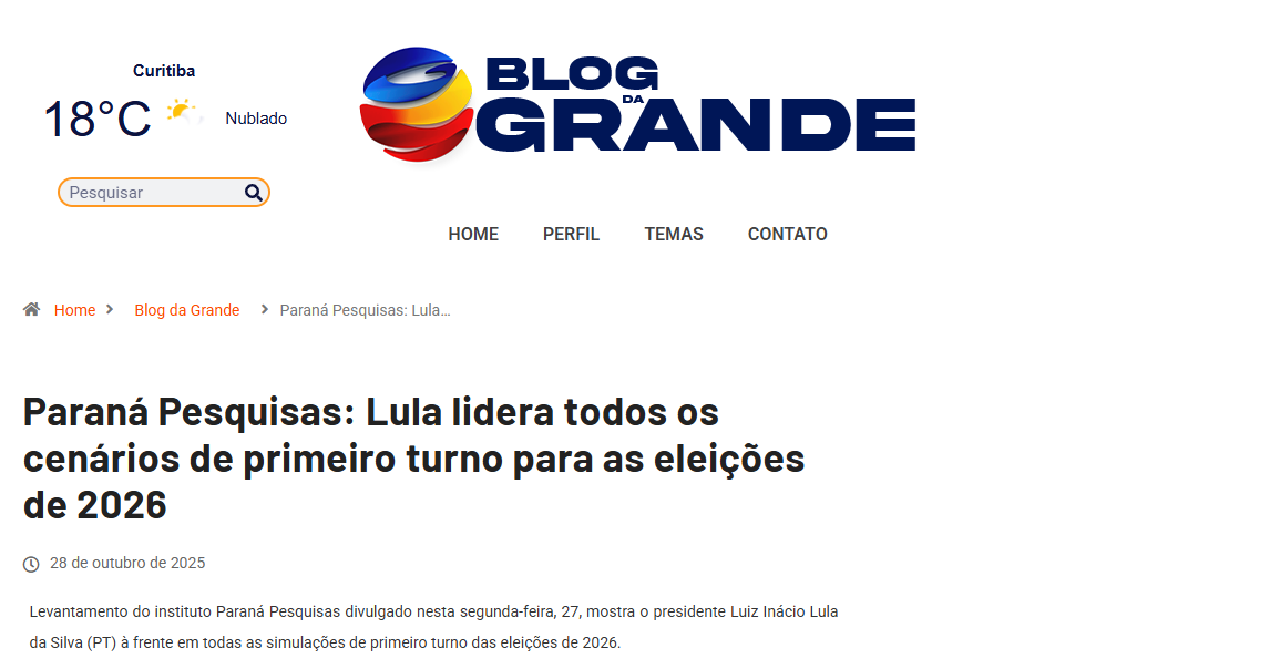 Blog da Grande cita pesquisa realizada pela Paraná Pesquisas.