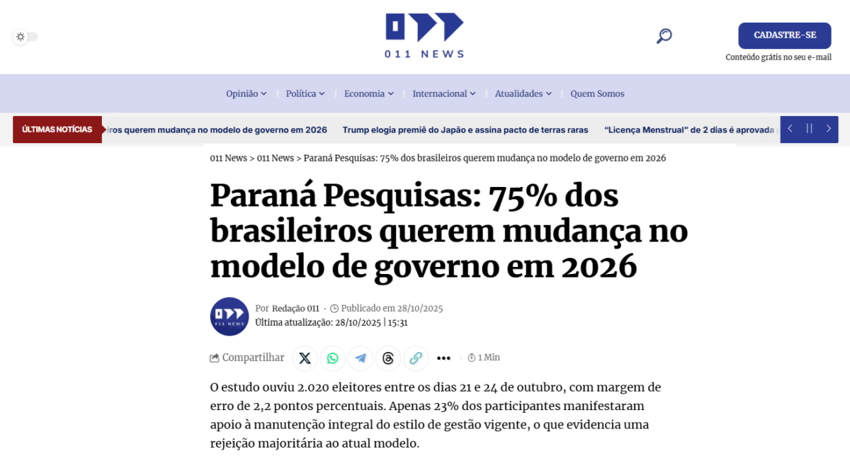 011 News cita pesquisa realizada pela Paraná Pesquisas. 2 011 News cita pesquisa realizada pela Paraná Pesquisas.