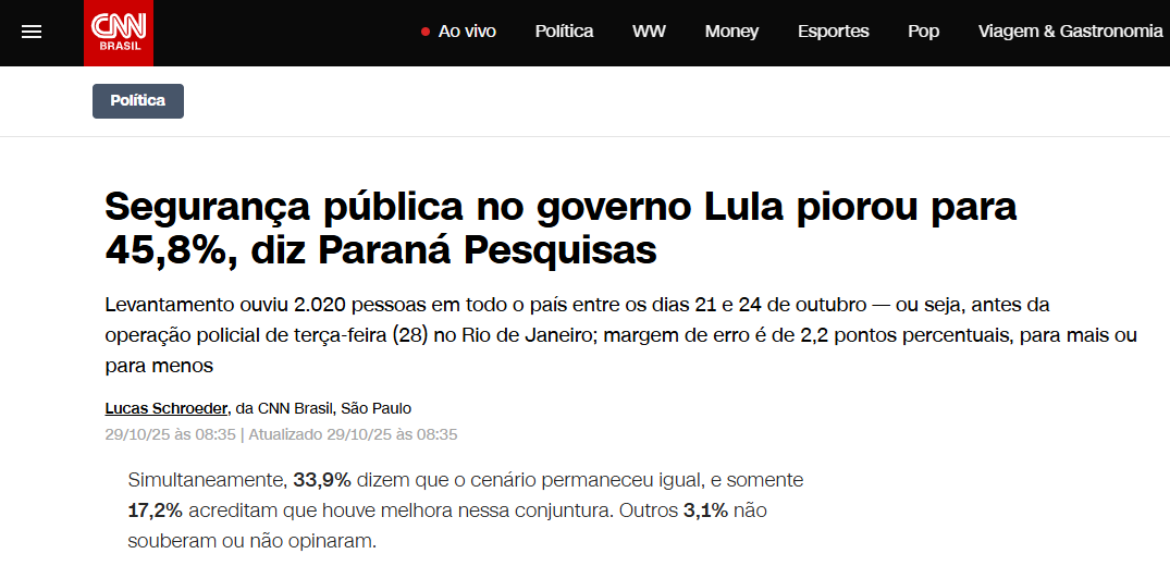 CNN Brasil cita pesquisa realizada pela Paraná Pesquisas.
