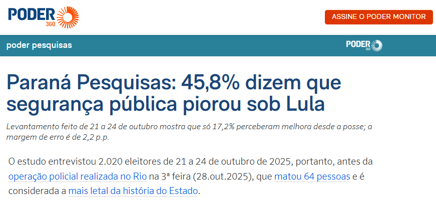Poder 360 cita pesquisa realizada pela Paraná Pesquisas.
