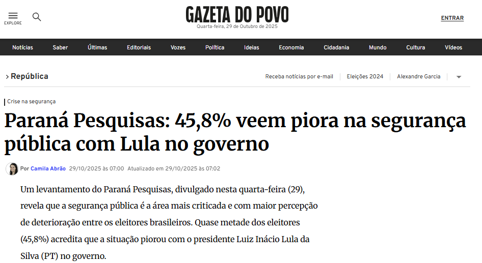 Gazeta do Povo cita pesquisa realizada pela Paraná Pesquisas.
