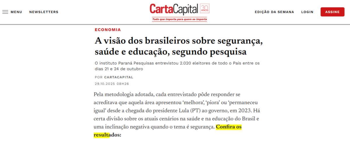 Carta Capital cita pesquisa realizada pela Paraná Pesquisas.