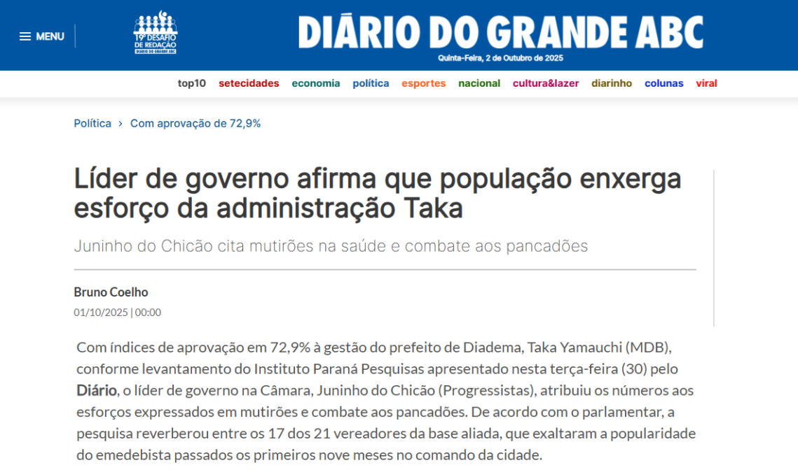 Diário do Grande ABC cita pesquisa realizada pela Paraná Pesquisas no Município de Diadema. 2 Diário do Grande ABC cita pesquisa realizada pela Paraná Pesquisas no Município de Diadema.