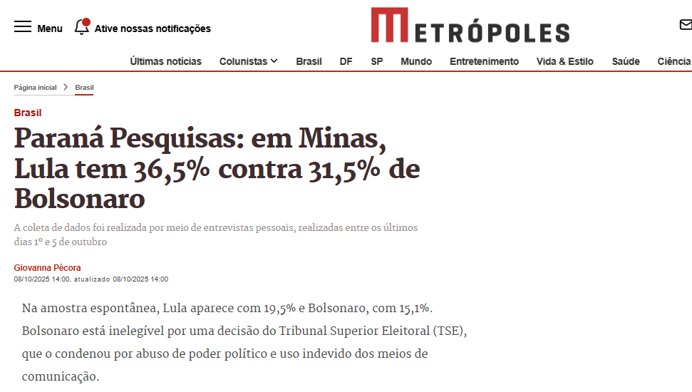 Metrópoles cita pesquisa realizada pela Paraná Pesquisas no Estado de Minas Gerais.