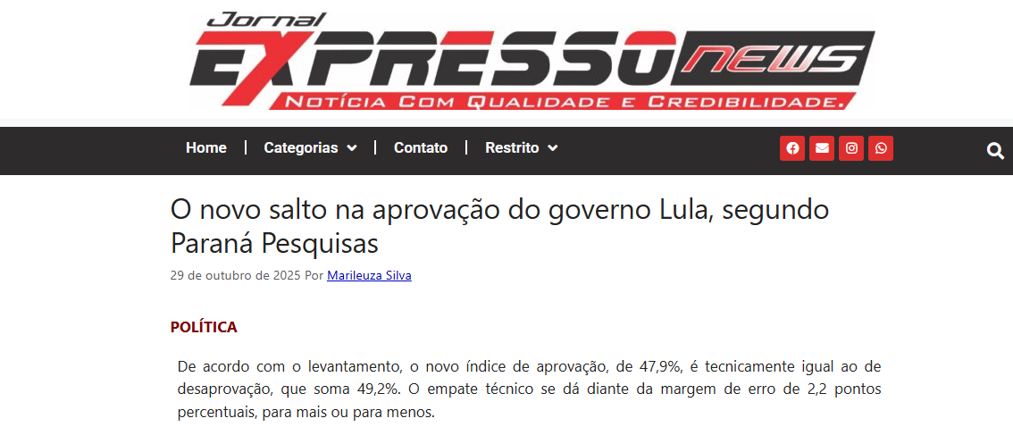 Jornal Expresso News cita pesquisa realizada pela Paraná Pesquisas.
