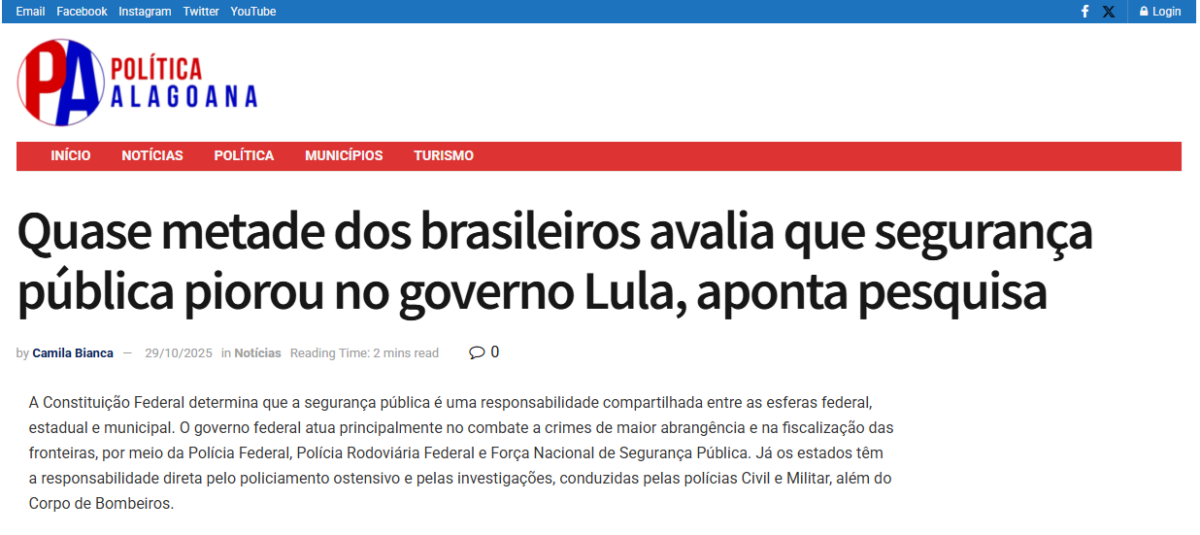 Política Alagoana cita pesquisa realizada pela Paraná Pesquisas.