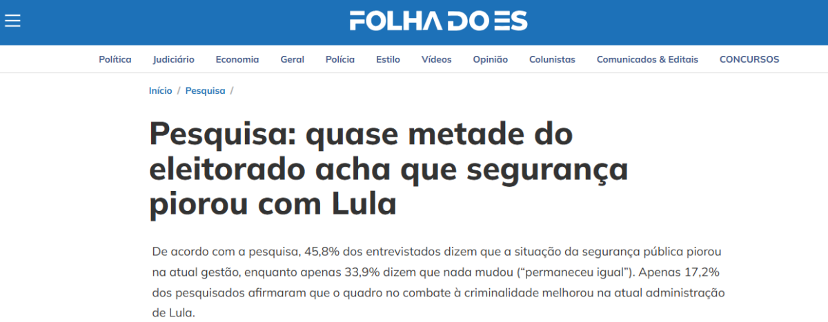 Folha do ES cita pesquisa realizada pela Paraná Pesquisas.