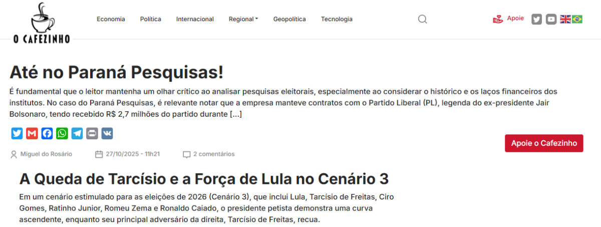 O Cafezinho cita pesquisa realizada pela Paraná Pesquisas. 2 O Cafezinho cita pesquisa realizada pela Paraná Pesquisas.