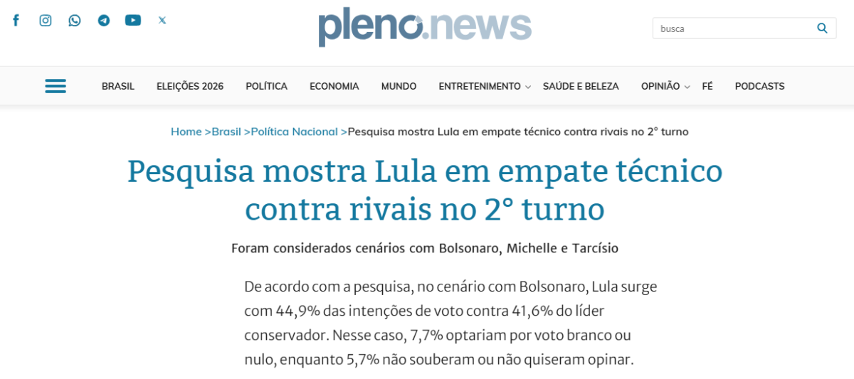 Pleno News cita pesquisa realizada pela Paraná Pesquisas. 2 Pleno News cita pesquisa realizada pela Paraná Pesquisas.