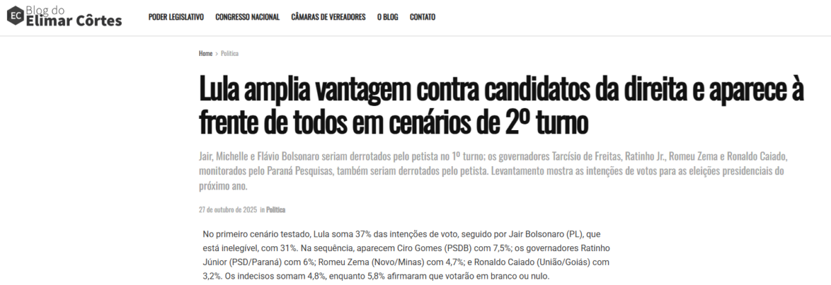 Blog do Elimar Côrtes cita pesquisa realizada pela Paraná Pesquisas.