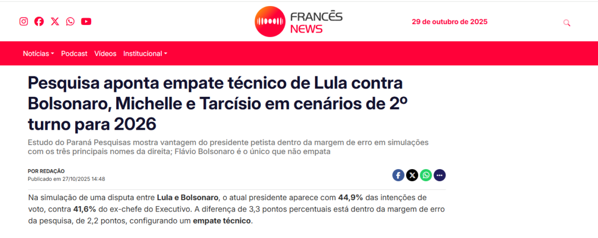 Francês News cita pesquisa realizada pela Paraná Pesquisas. 2 Francês News cita pesquisa realizada pela Paraná Pesquisas.