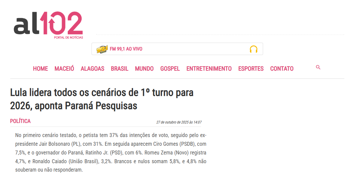 Portal AL 102 cita pesquisa realizada pela Paraná Pesquisas. 2 Portal AL 102 cita pesquisa realizada pela Paraná Pesquisas.