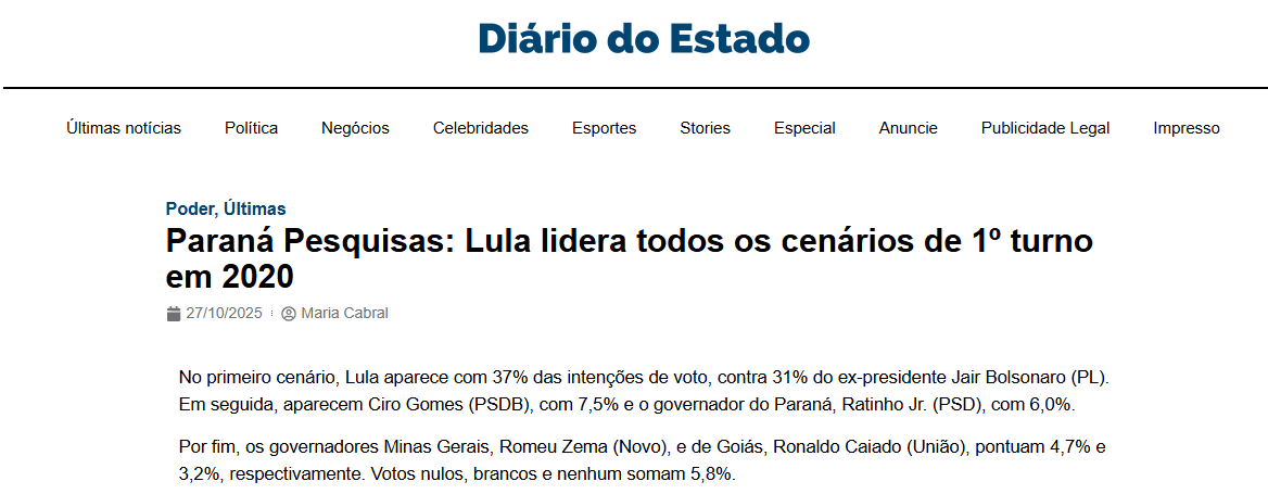 Diário do Estado cita pesquisa realizada pela Paraná Pesquisas.