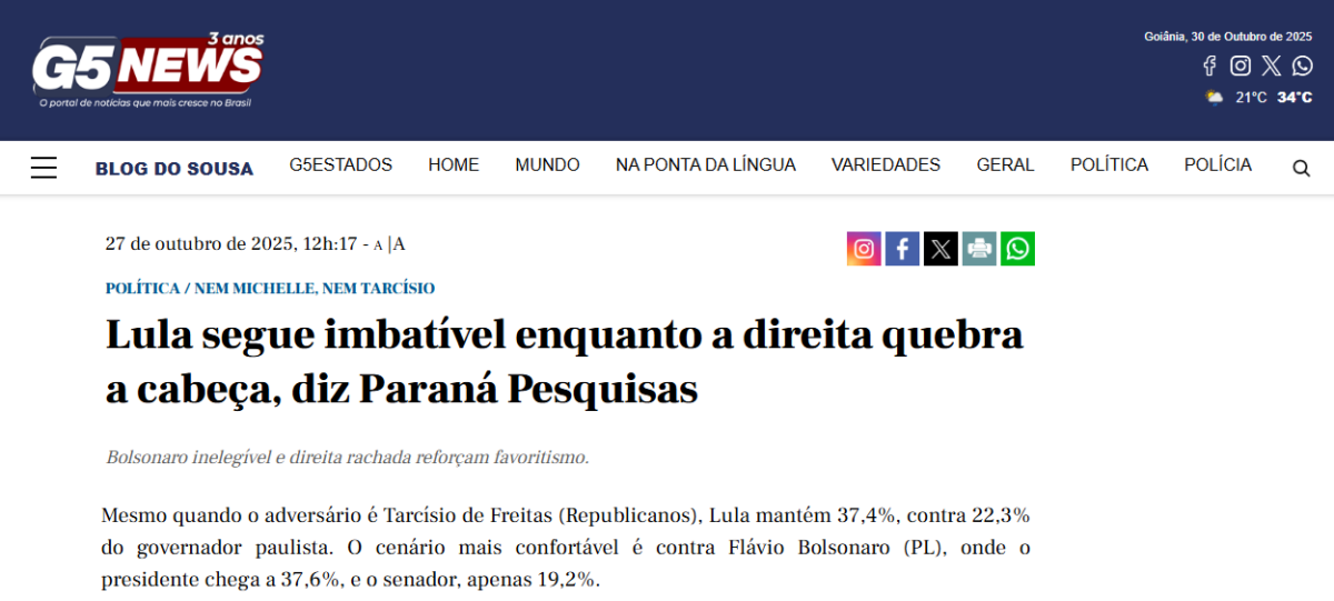 G5 News cita pesquisa realizada pela Paraná Pesquisas.