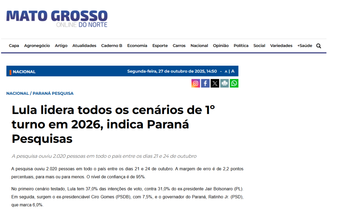 Mato Grosso do Norte cita pesquisa realizada pela Paraná Pesquisas. 2 Mato Grosso do Norte cita pesquisa realizada pela Paraná Pesquisas.