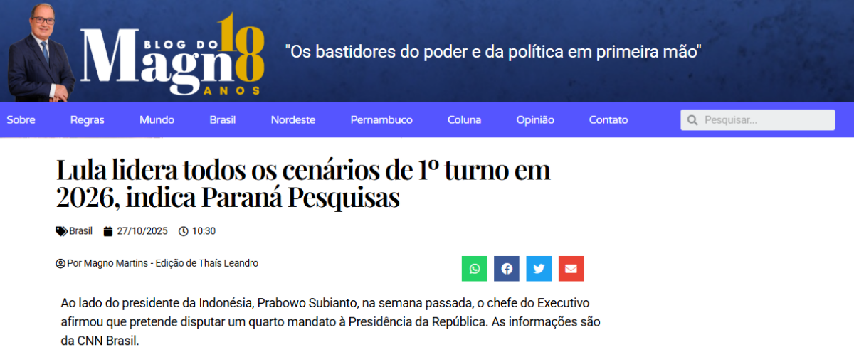 Blog do Magno cita pesquisa realizada pela Paraná Pesquisas.