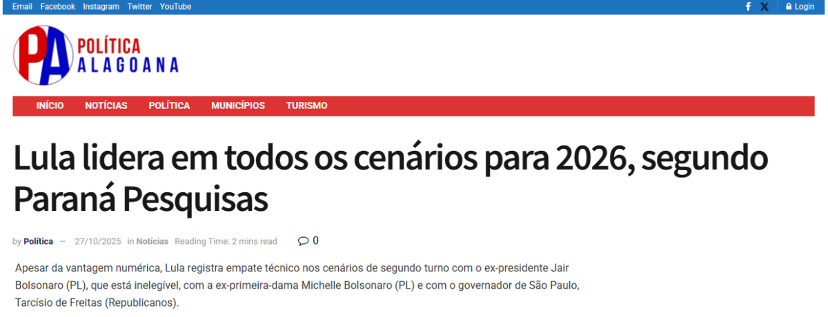 Política Alagoana cita pesquisa realizada pela Paraná Pesquisas.