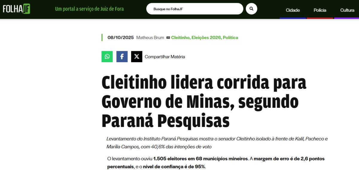 Folha JF cita pesquisa realizada pela Paraná Pesquisas no Estado de Minas Gerais. 2 Folha JF cita pesquisa realizada pela Paraná Pesquisas no Estado de Minas Gerais.