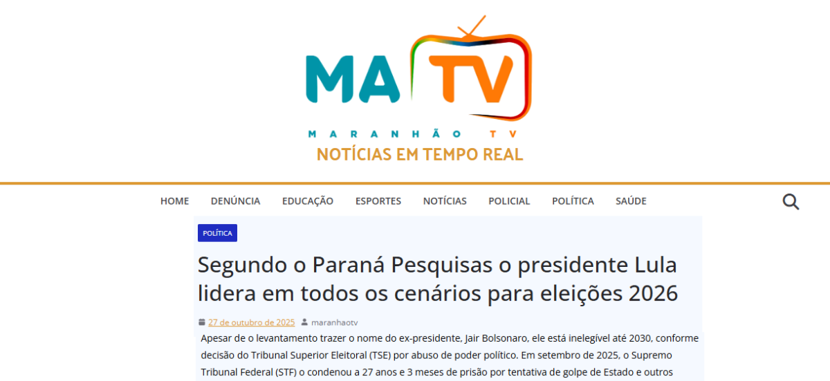 Maranhão TV pesquisa realizada pela Paraná Pesquisas.