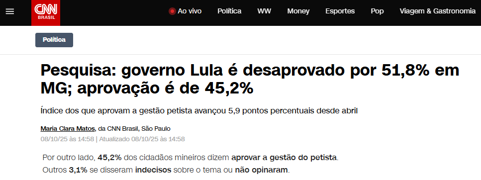 CNN Brasil cita pesquisa realizada pela Paraná Pesquisas no Estado de Minas Gerais.
