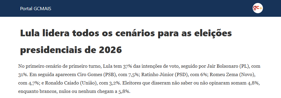 GC Mais pesquisa realizada pela Paraná Pesquisas. 2 GC Mais pesquisa realizada pela Paraná Pesquisas.